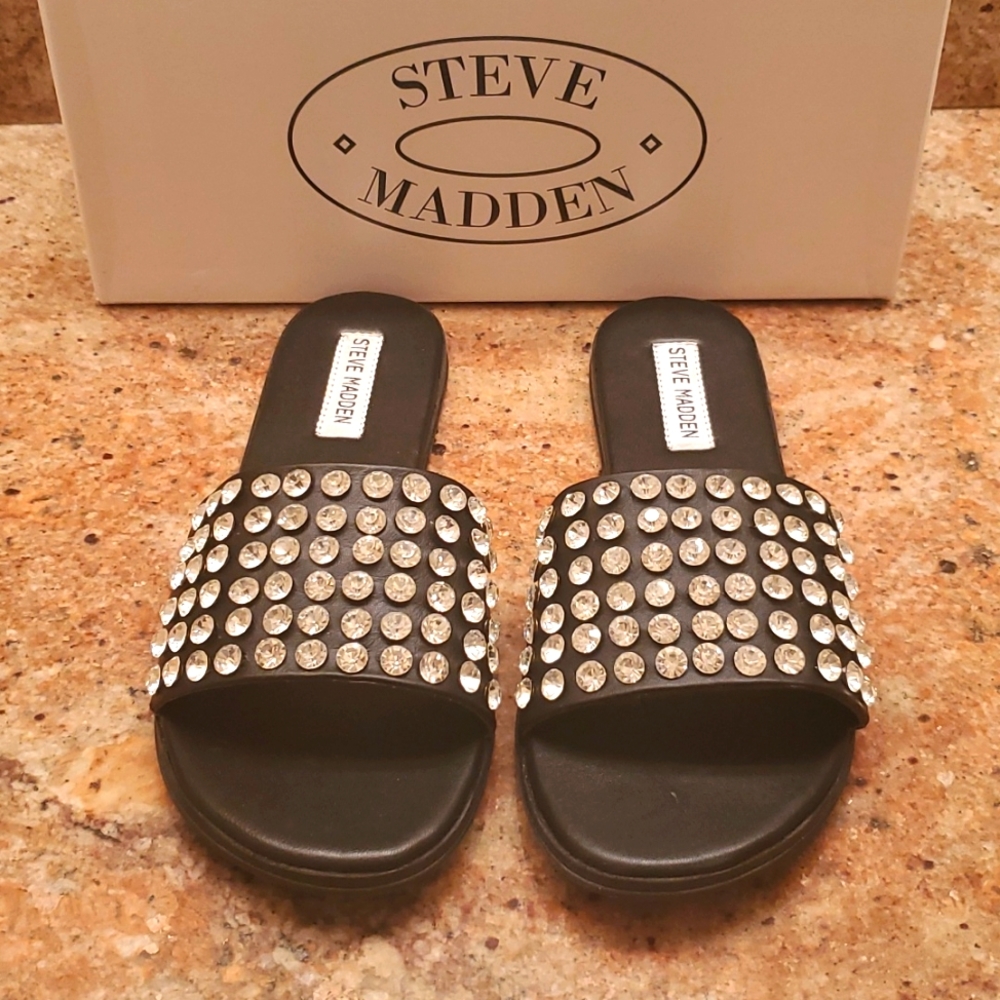 NWB Steve Madden Firework Rhinestone Sandals Leather Black Size 8